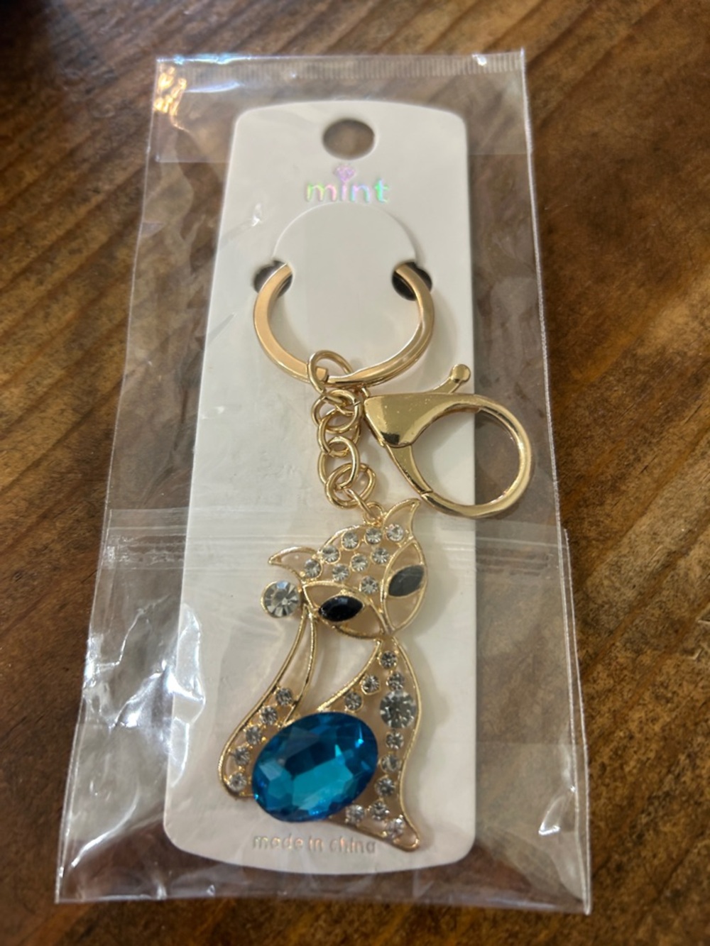 Mint Gold-Tone Cat Key Chain or Bag Charm with Blue Gemstone